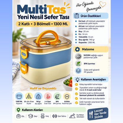 MultiTas™ - Paslanmaz Çelik Hazneli Yeni Nesil Sefer Tası | Lunch Box